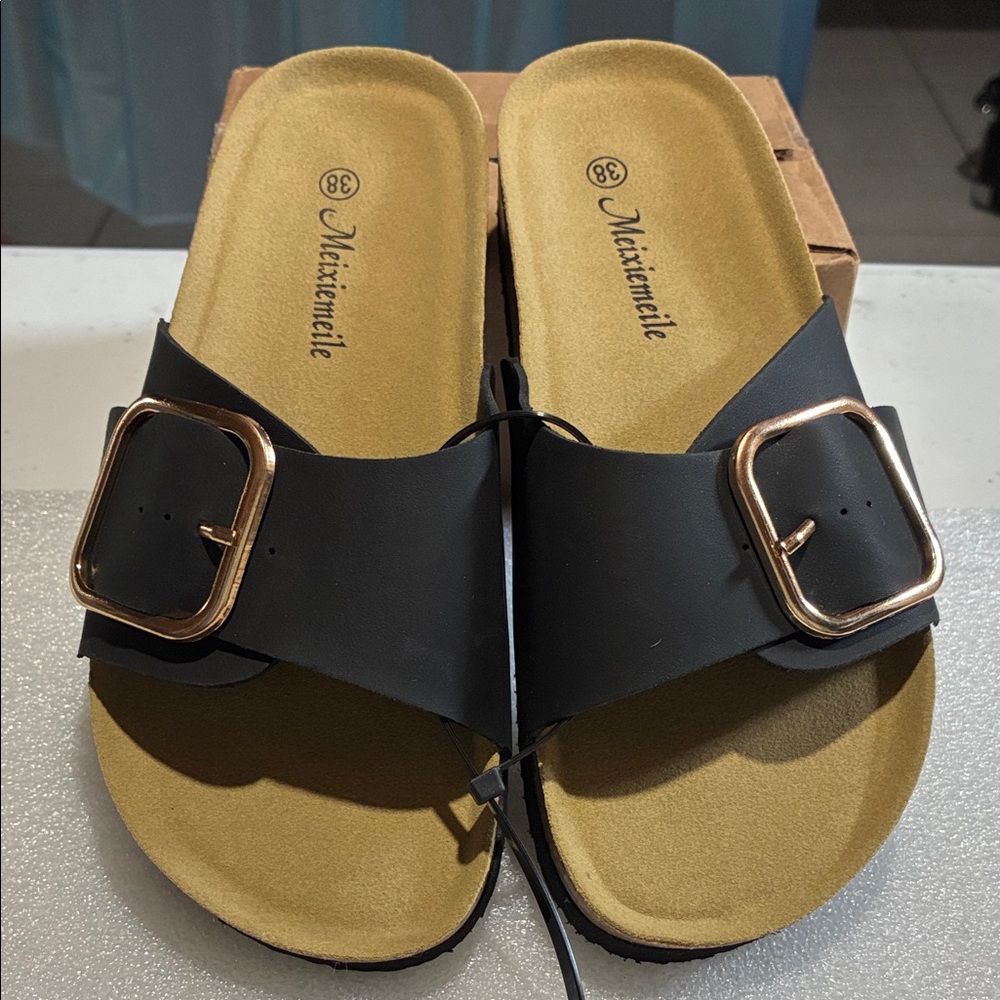 Maxime Black and Tan Sandals with Gold Accent